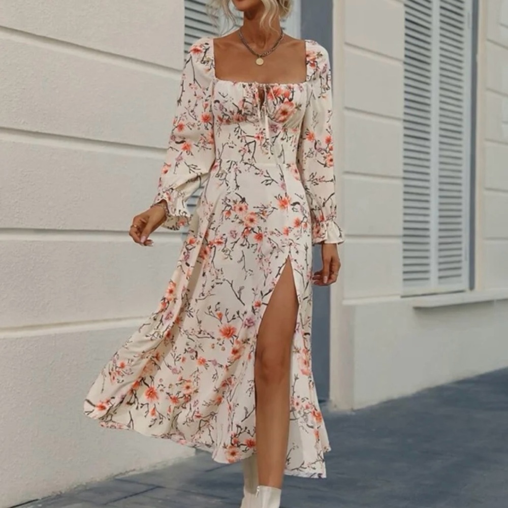 SHEIN Pink and Cream Slit Sundress with Bishop Sleeves